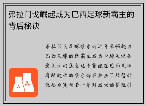 弗拉门戈崛起成为巴西足球新霸主的背后秘诀